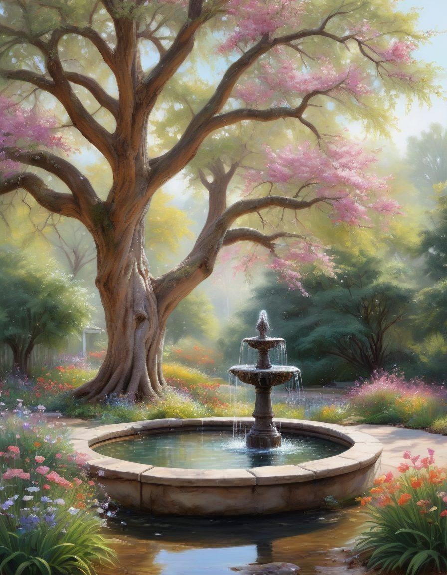 A serene yet emotionally evocative scene featuring a tranquil garden with blooming flowers and a peaceful water fountain, symbolizing healing and peace. In the background, a small compassionate community gathers under a large, ancient tree, sharing and supporting each other through their grief. Include a gentle therapist guiding individuals. The overall ambiance should be soothing, reflective, and communal. painting. soft pastel colors. white background.