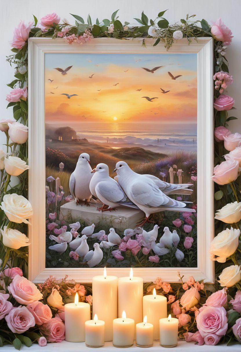 A comforting and serene scene of a warm sunset casting gentle light over a beautifully arranged memorial service. People are gathered with soft expressions of comfort and support, surrounded by flowers, candles, and an elegant framed photograph of the deceased. Overlay subtle images of doves and hearts symbolizing peace and love. Realistic but gently softened tones. painting. pastel colors. white background.